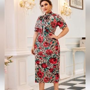 SHEIN EMERY ROSE Plus Tie Neck Split Hem Leopard & Floral Print Dress 2X
